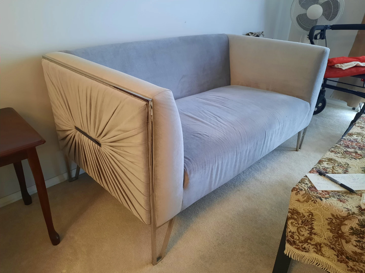 Grey velvet loveseat