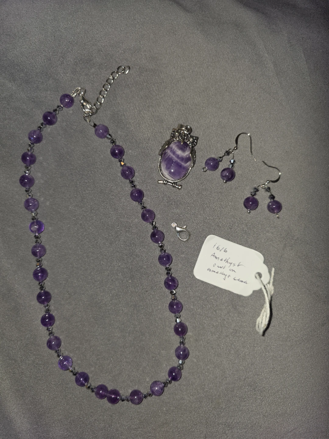 Amethyst Owl Necklace and Earrings Set