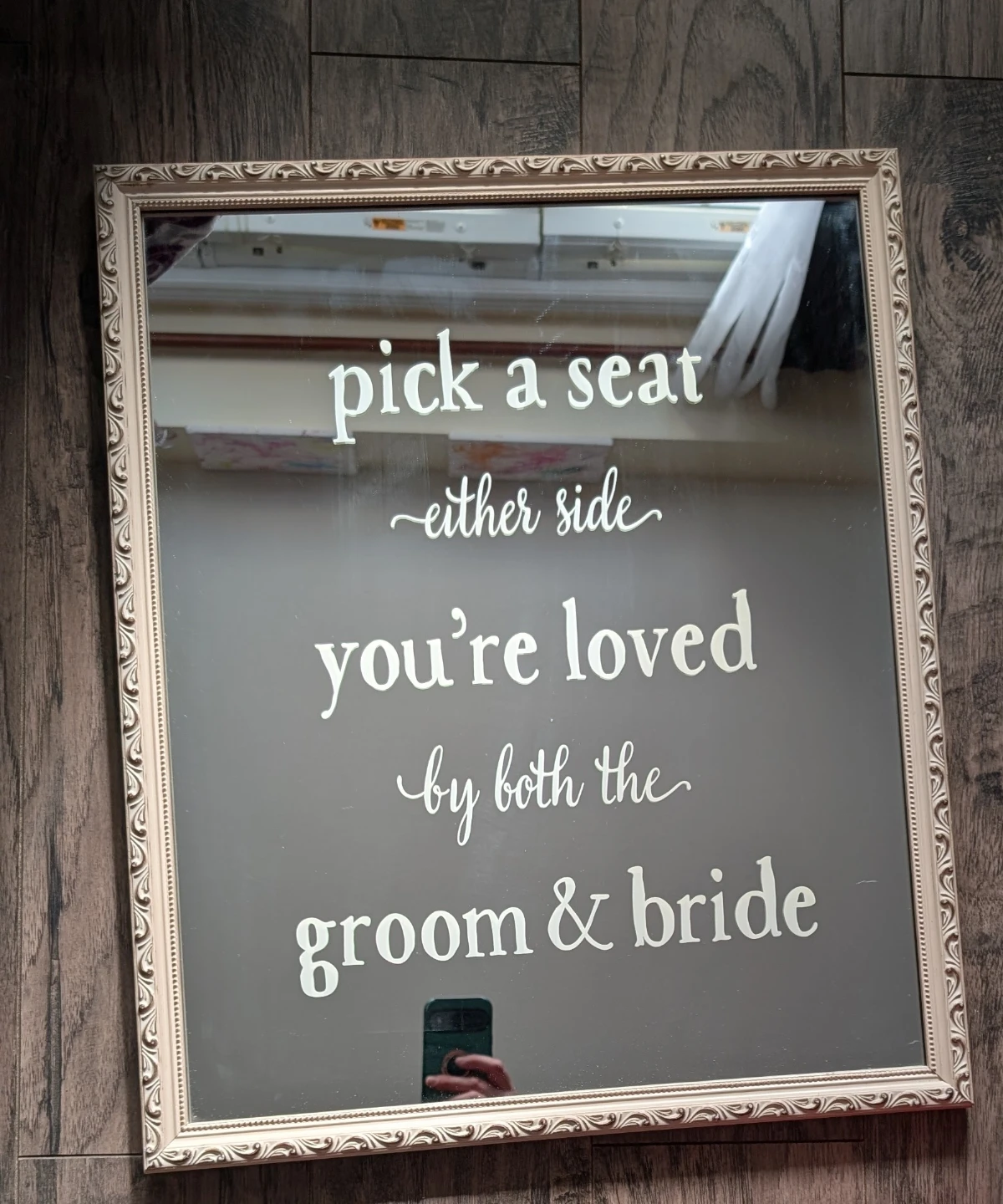 Wedding "Pick a Seat Either Side" Mirror Sign