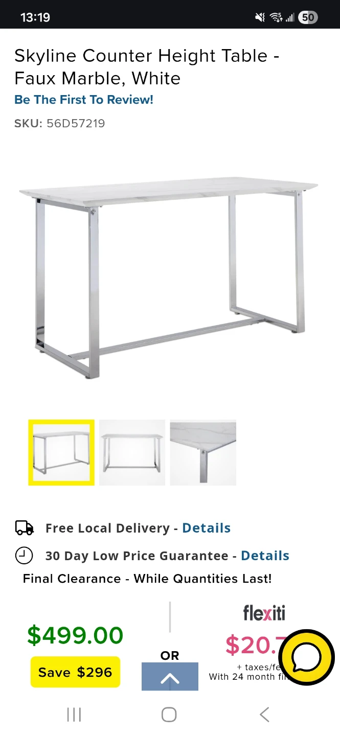 Skyline Counter Height Table - Faux Marble, White