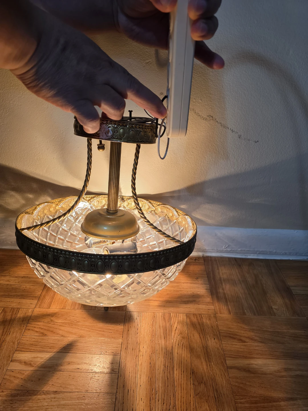 Vintage Brass and Crystal Flush Mount Ceiling Light Fixture