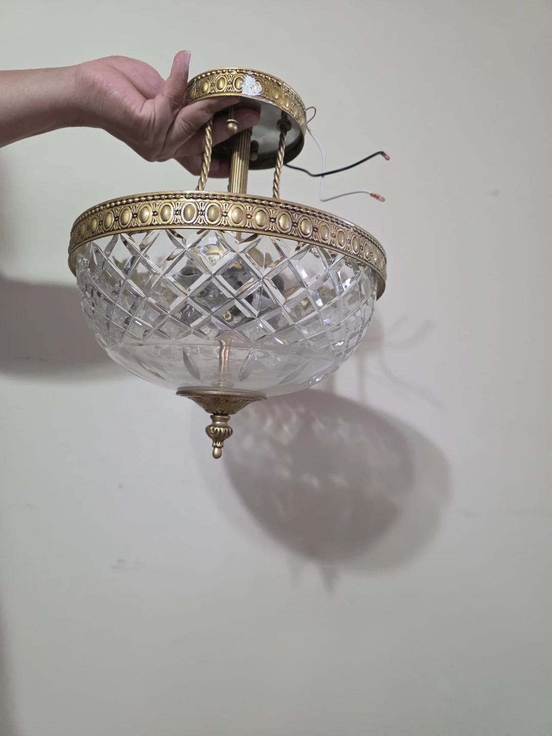 Vintage Brass and Crystal Flush Mount Ceiling Light Fixture - photo 2