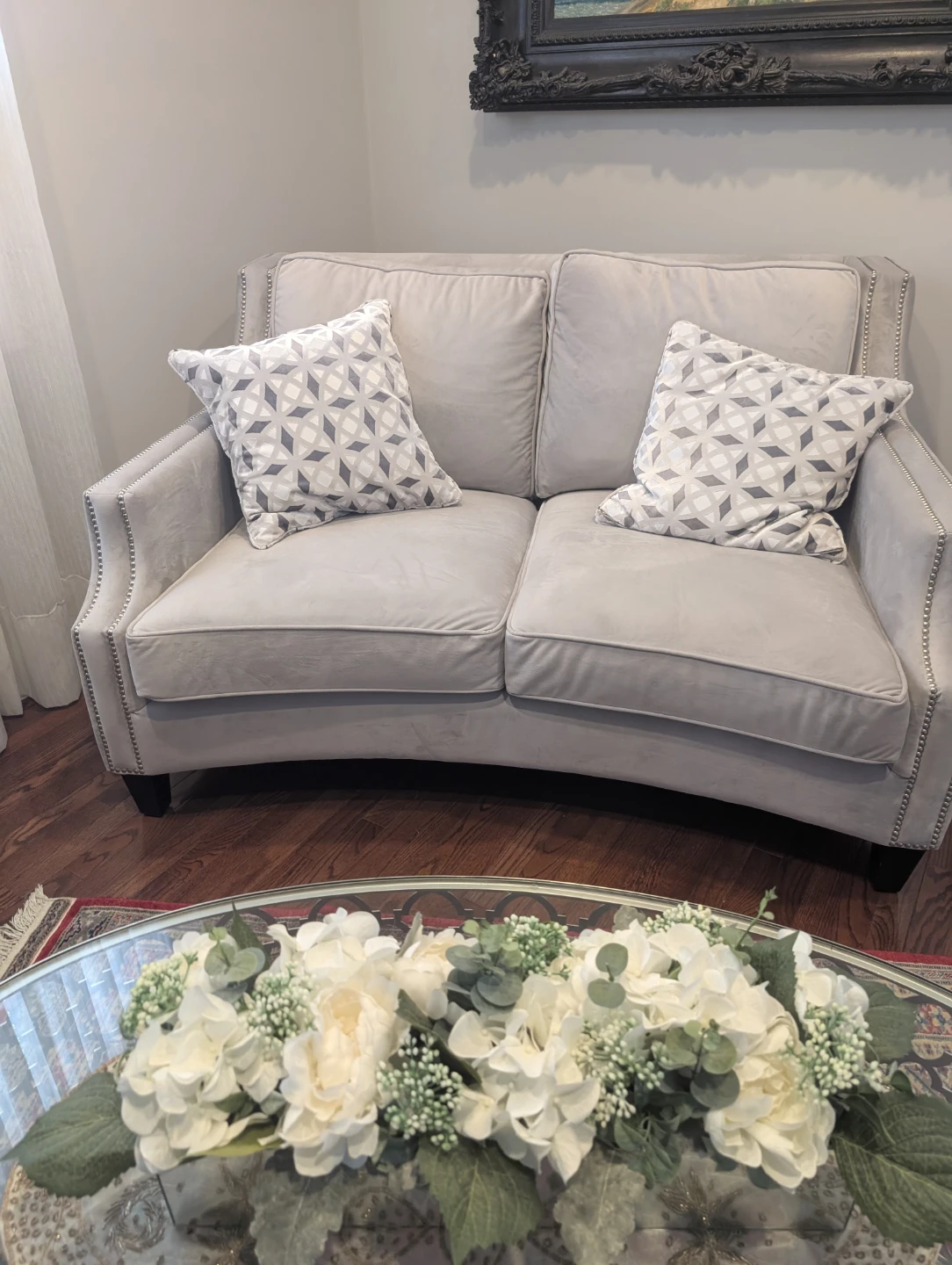 Light Grey Velvet Loveseat with Nailhead Trim