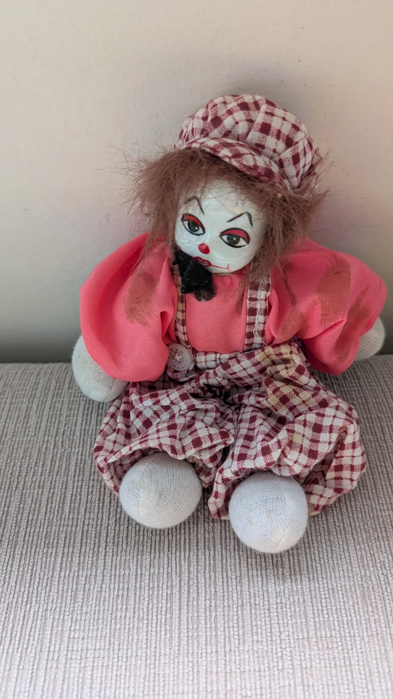 Vintage Porcelain Clown Doll with Pink, Red and White Outfit