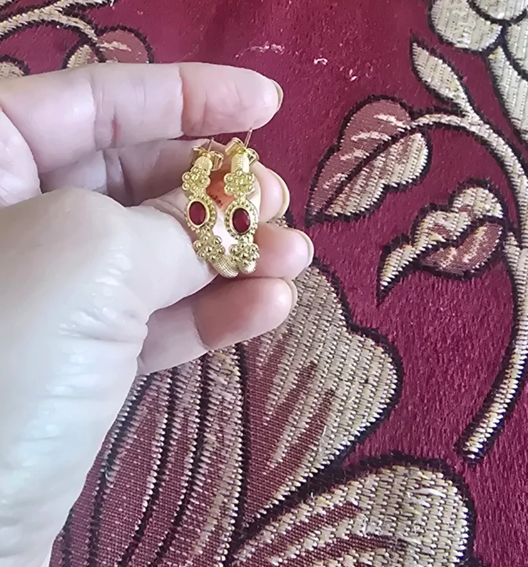 Gold-tone Hoop Earrings with Red Gemstones - photo 3