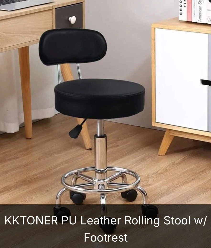 KKTONER PU Leather Rolling Stool w/ Footrest - Black