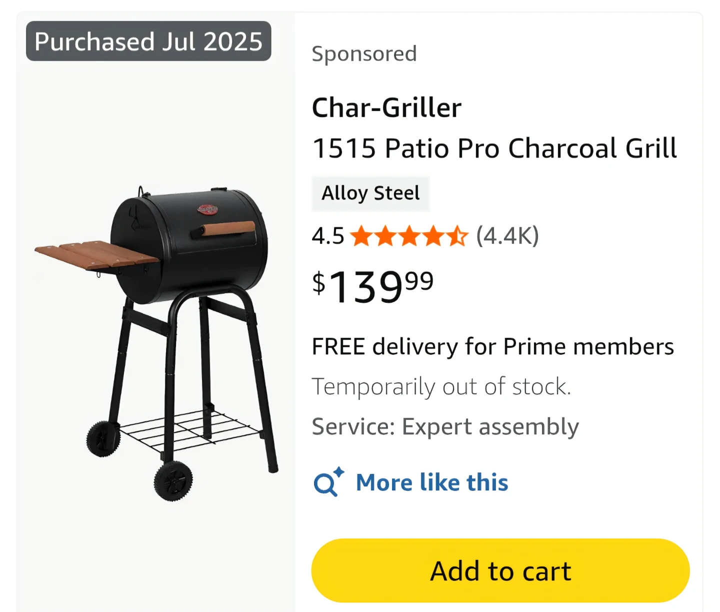Char‑Griller 1515 Patio Pro Charcoal Grill – Never Used