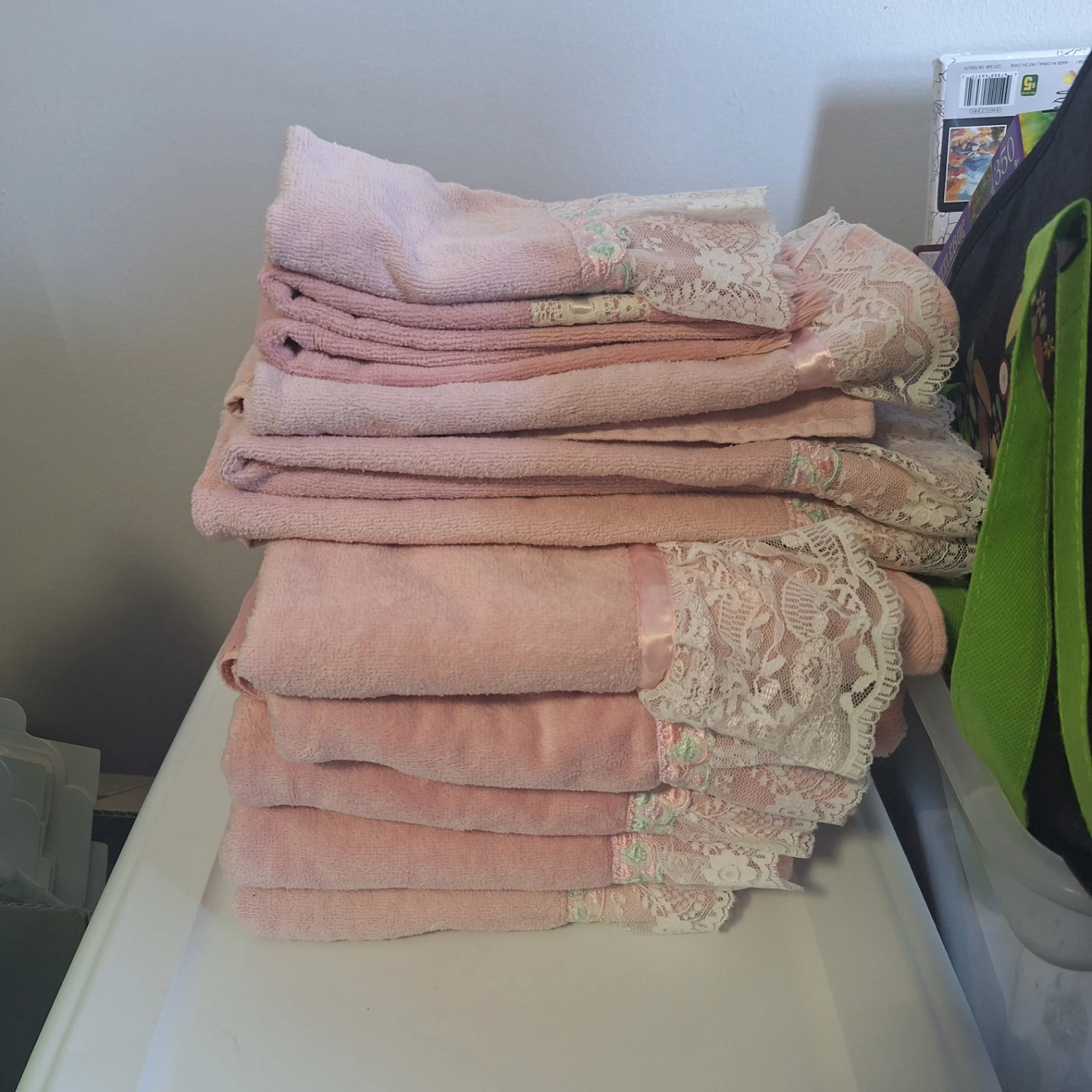 Pink Terry Cloth Towels with Lace Trim