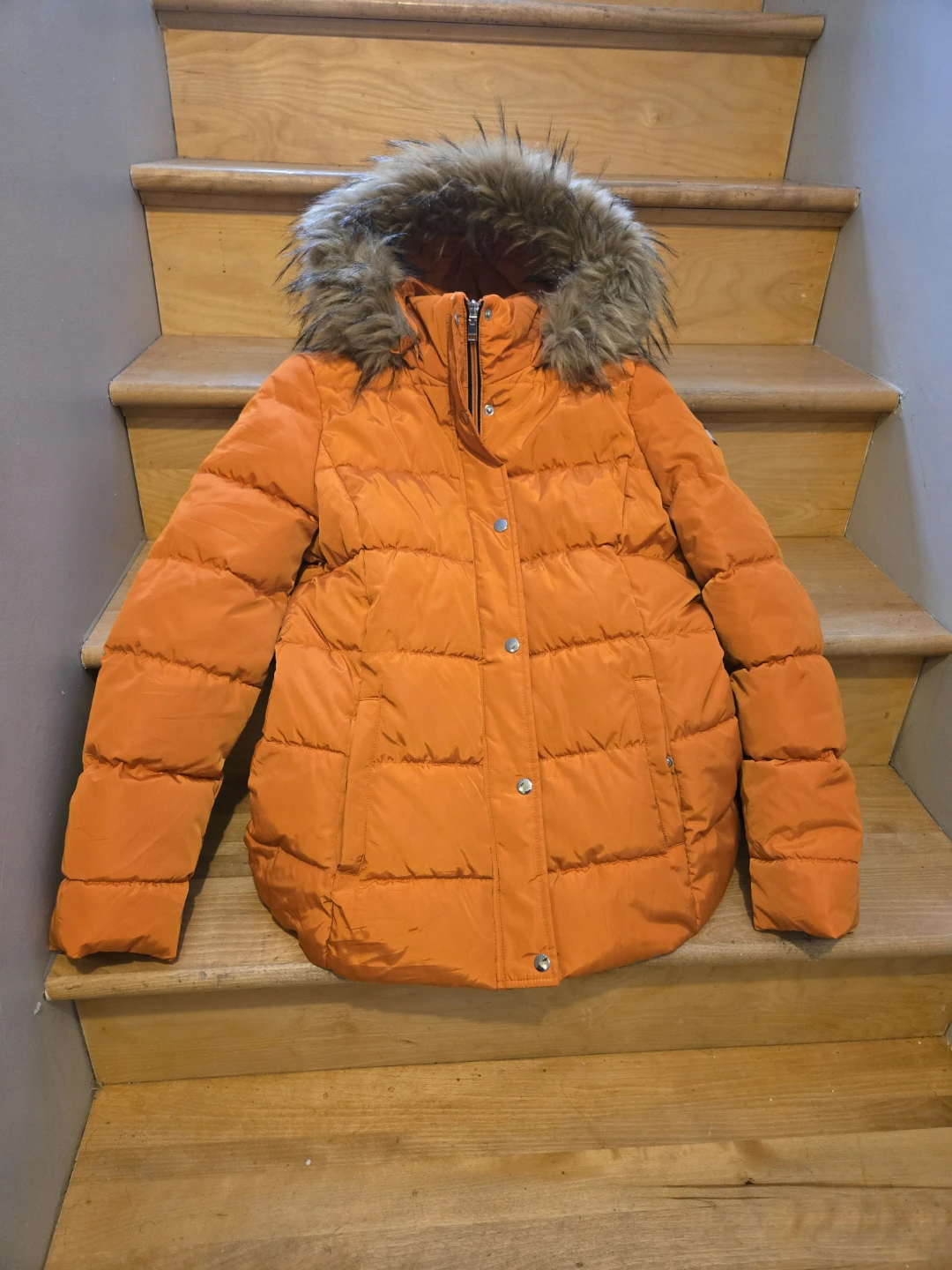 Tommy Hilfiger Orange Puffer Jacket with Fur Hood Size M