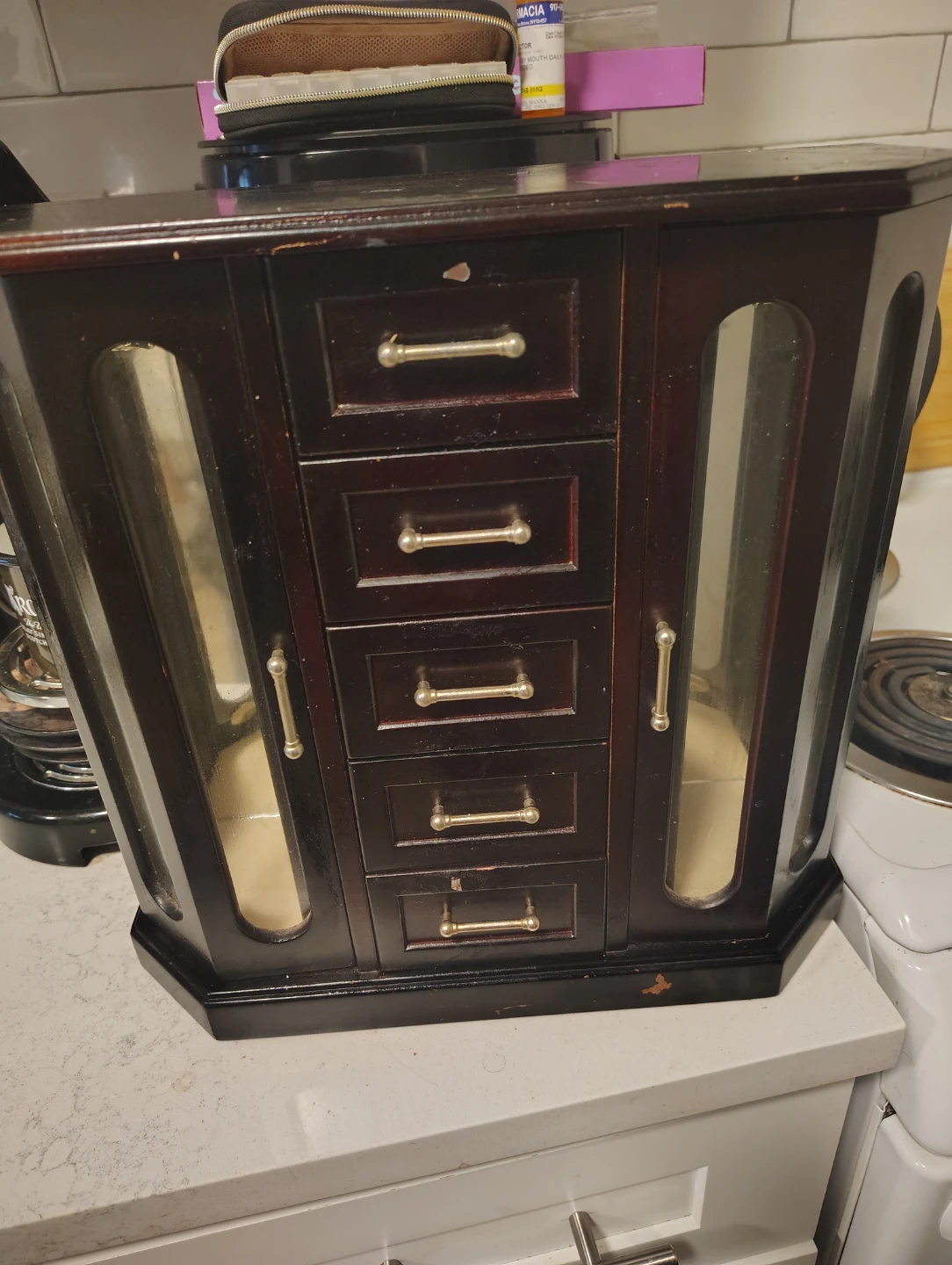 Dark Wood Jewelry Box with Drawers and Glass Doors
