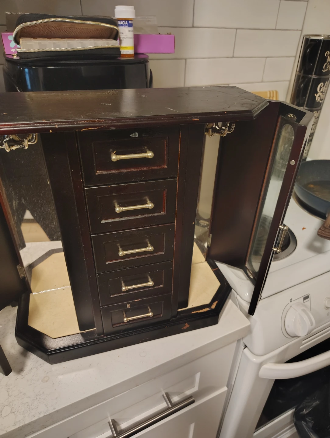 Dark Wood Jewelry Box with Drawers and Glass Doors - photo 3