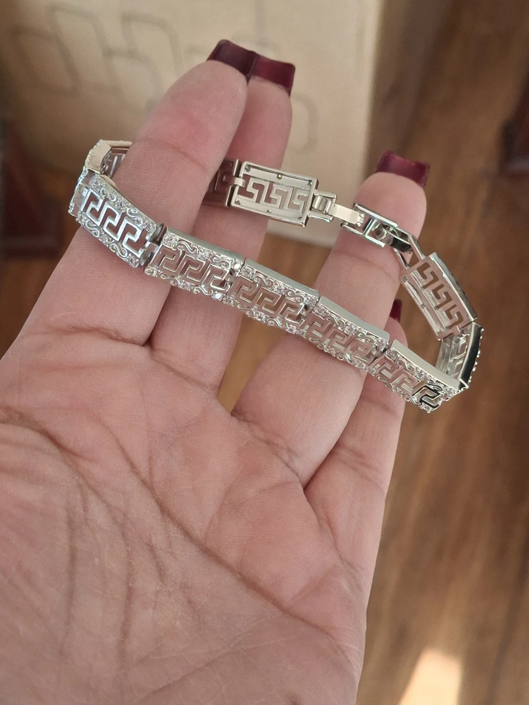 Silver Tone Bracelet with Greek Key Design and Rhinestones