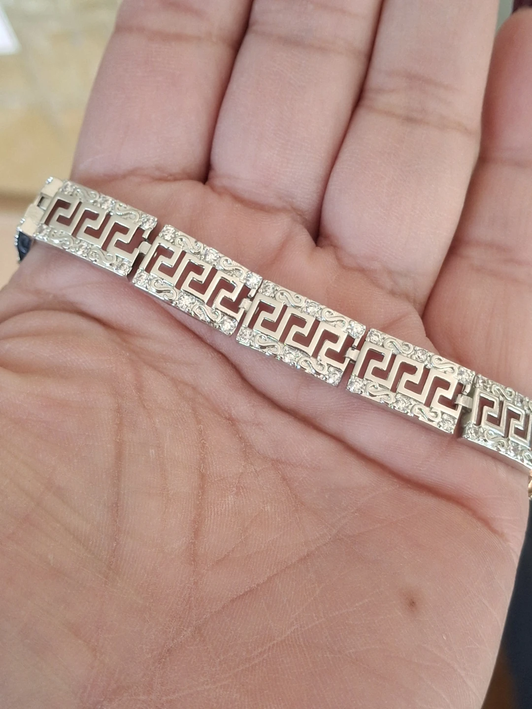 Silver Tone Bracelet with Greek Key Design and Rhinestones - photo 3