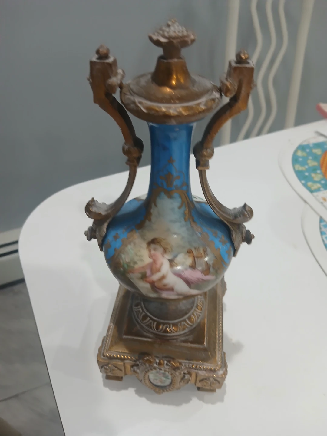 Antique Cherub Painted Blue & Gold Vase