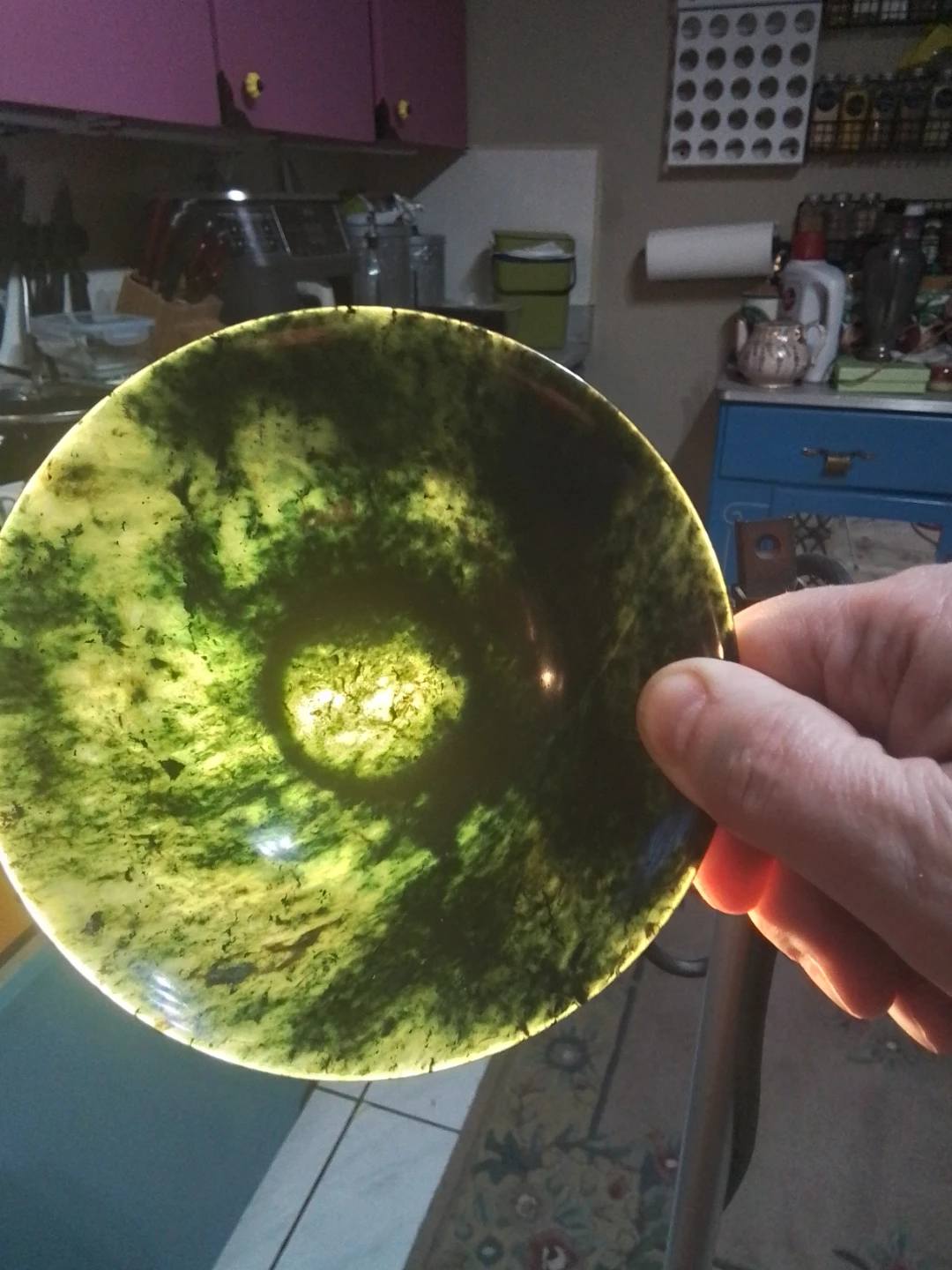Chinese Spinach Green Jade Bowl + Stand 5.25x2" - photo 5