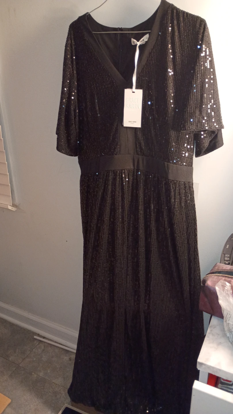 Grace Karin Black Sequin V-Neck Maxi Dress