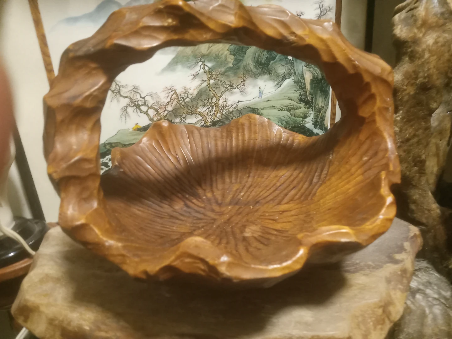 Hand Carved Wooden Fruit Bowl Basket