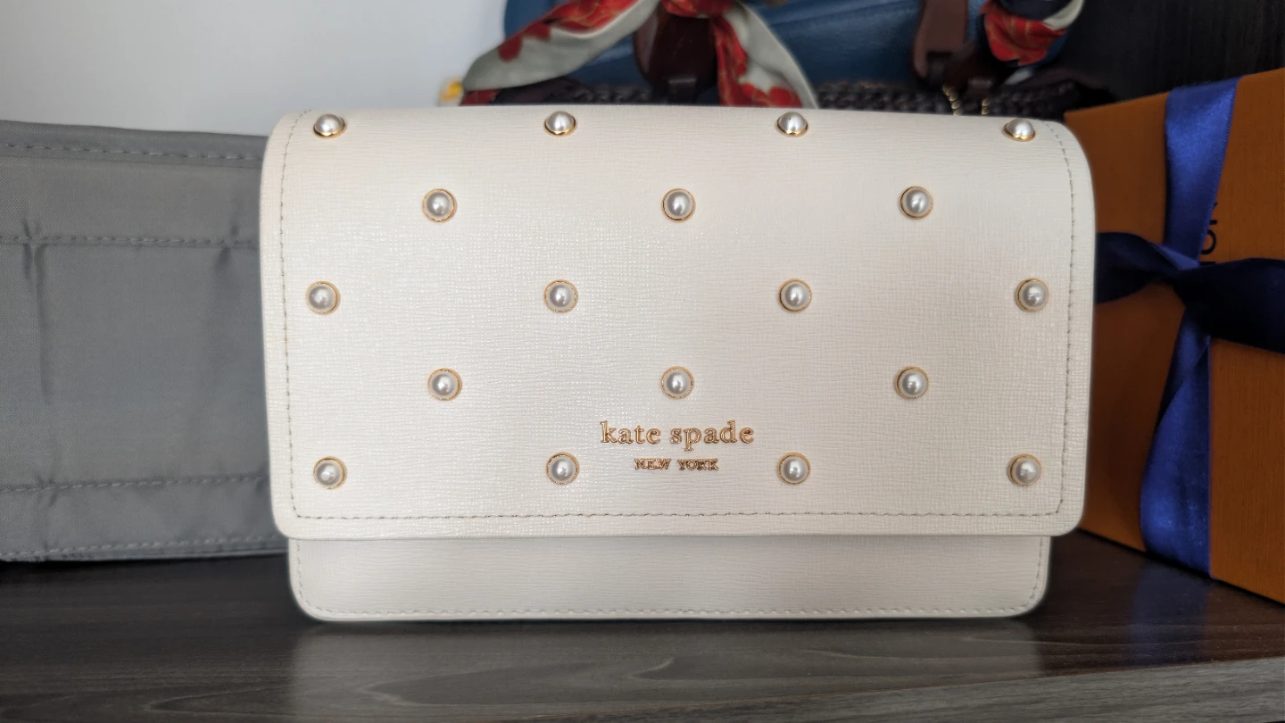 Kate Spade New York White Pearl Embellished Chain Wallet