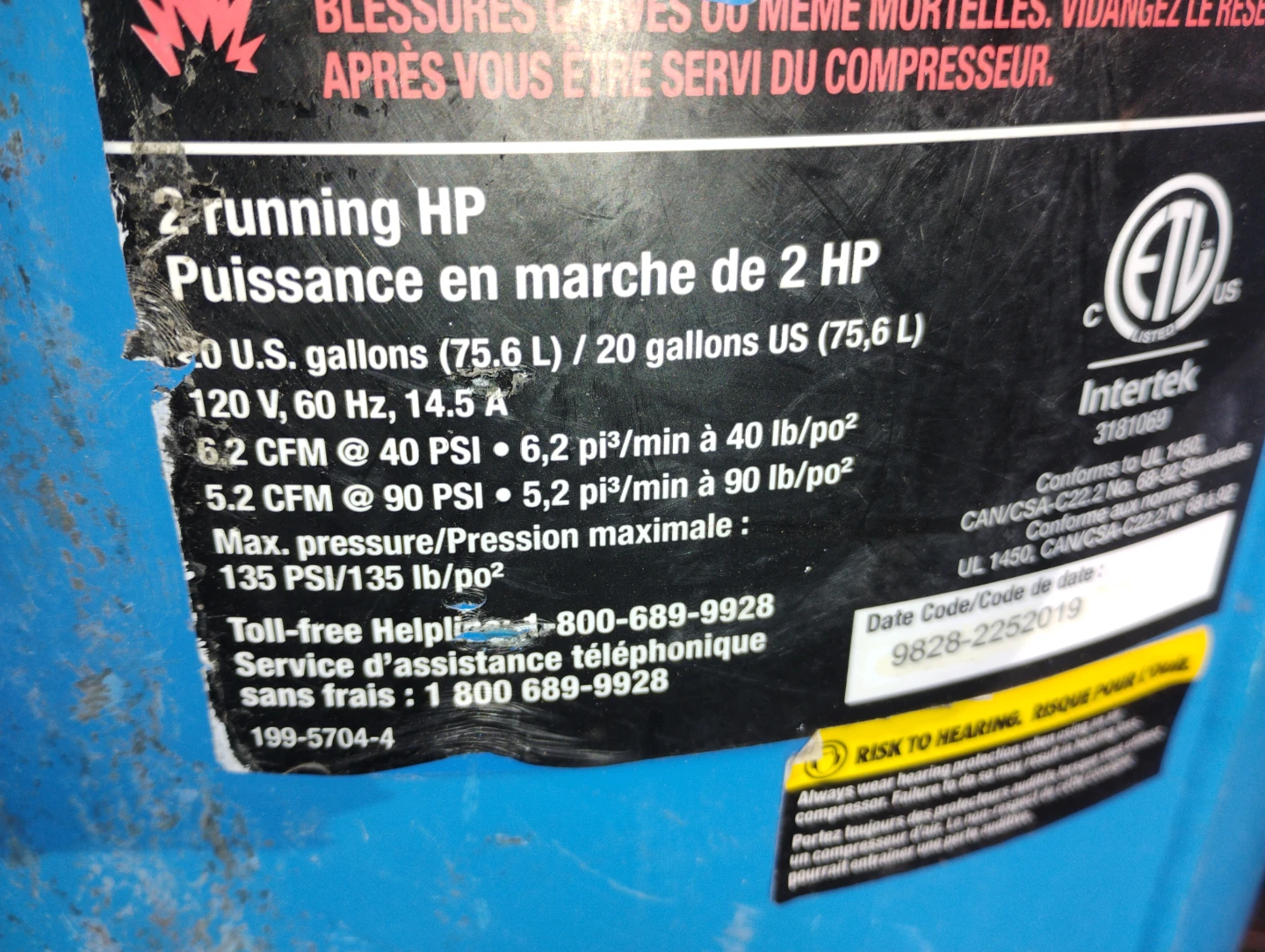 Mastercraft 20 Gallon Air Compressor - photo 2