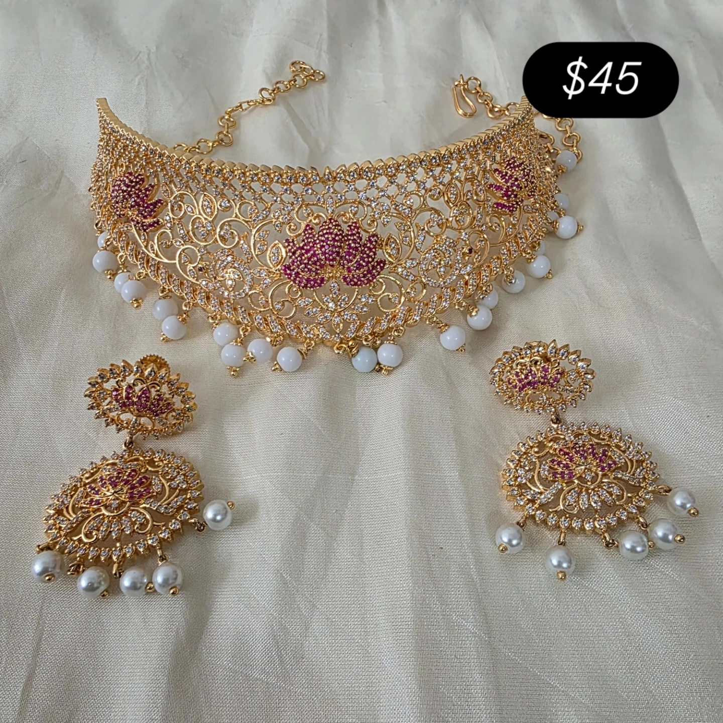 Gold Choker Necklace and Earring Set with White Pearls