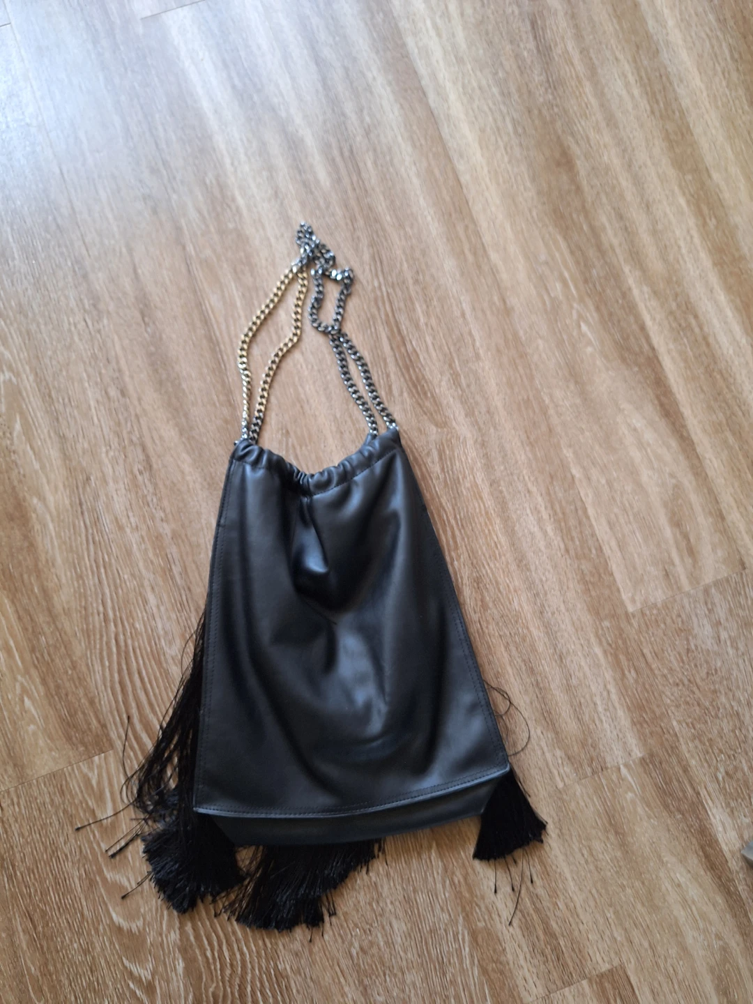 Black Faux Leather Shoulder Bag with Fringe and Chain Strap - photo 2