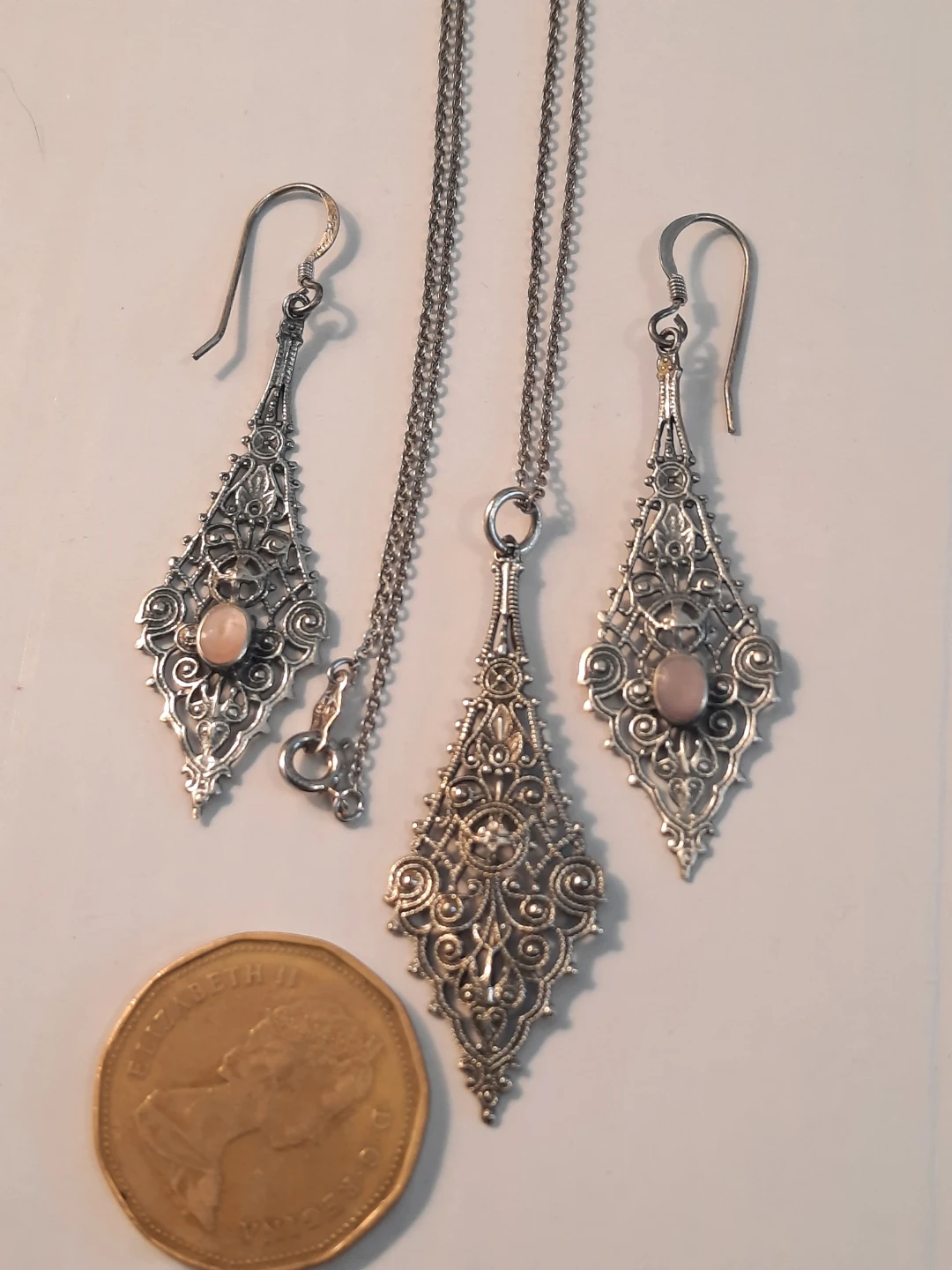 Sterling Silver Filigree Dangle Earrings & Pendant Necklace Set - photo 2