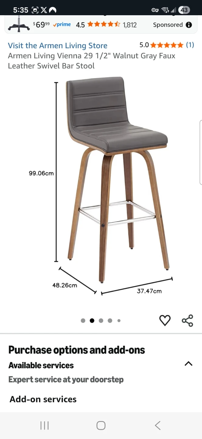 Armen Living Vienna Faux Leather Swivel Bar Stool (2 Pack) - photo 3