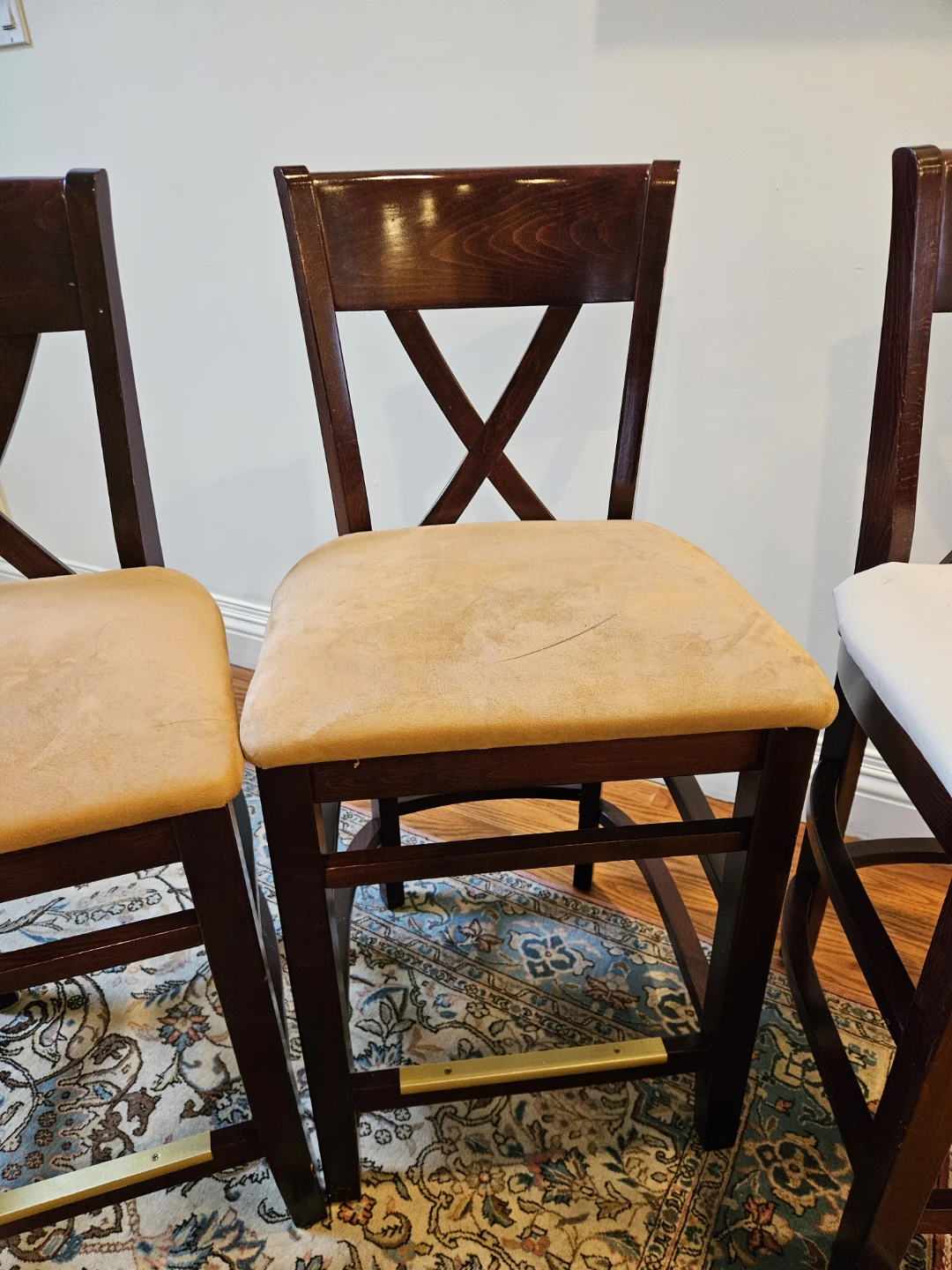 Set of 3 Dark Wood Counter Stools with Upholstered Seats