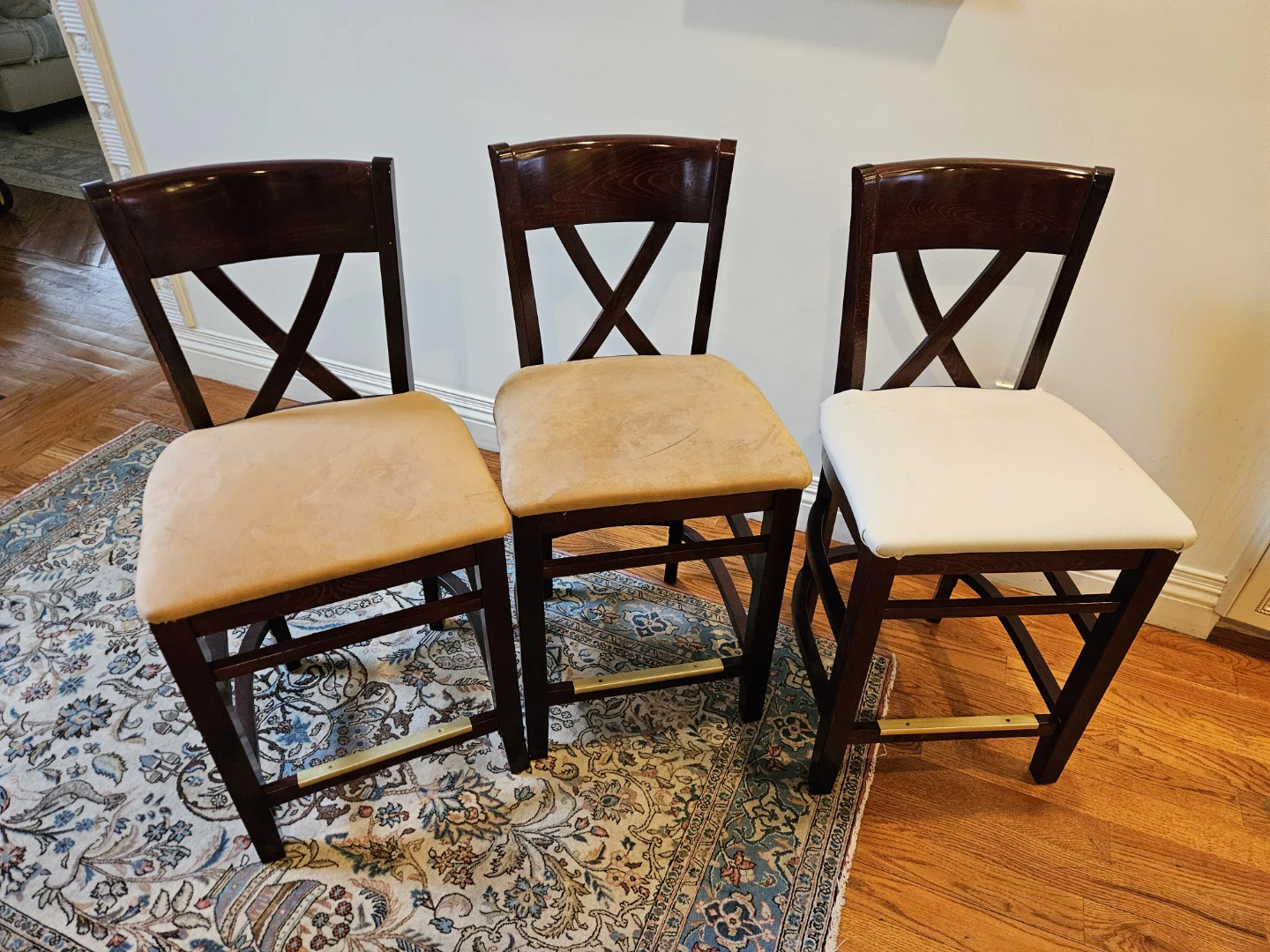 Set of 3 Dark Wood Counter Stools with Upholstered Seats - photo 2