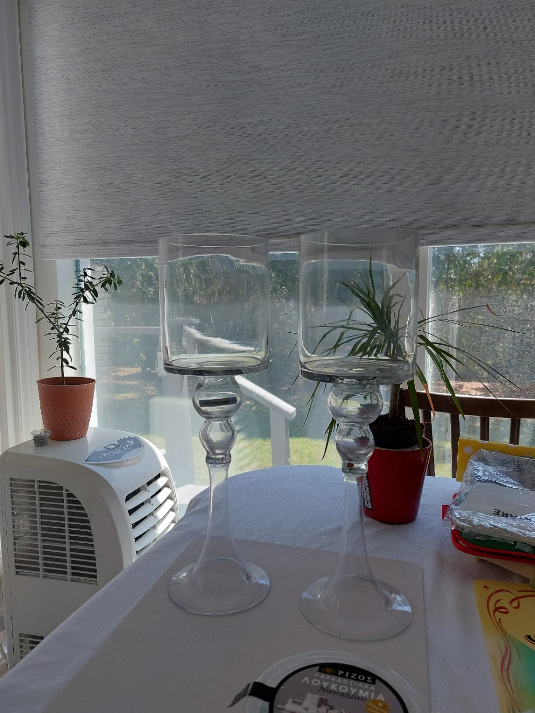 Pair of Clear Glass Trumpet Candle Holders - photo 2