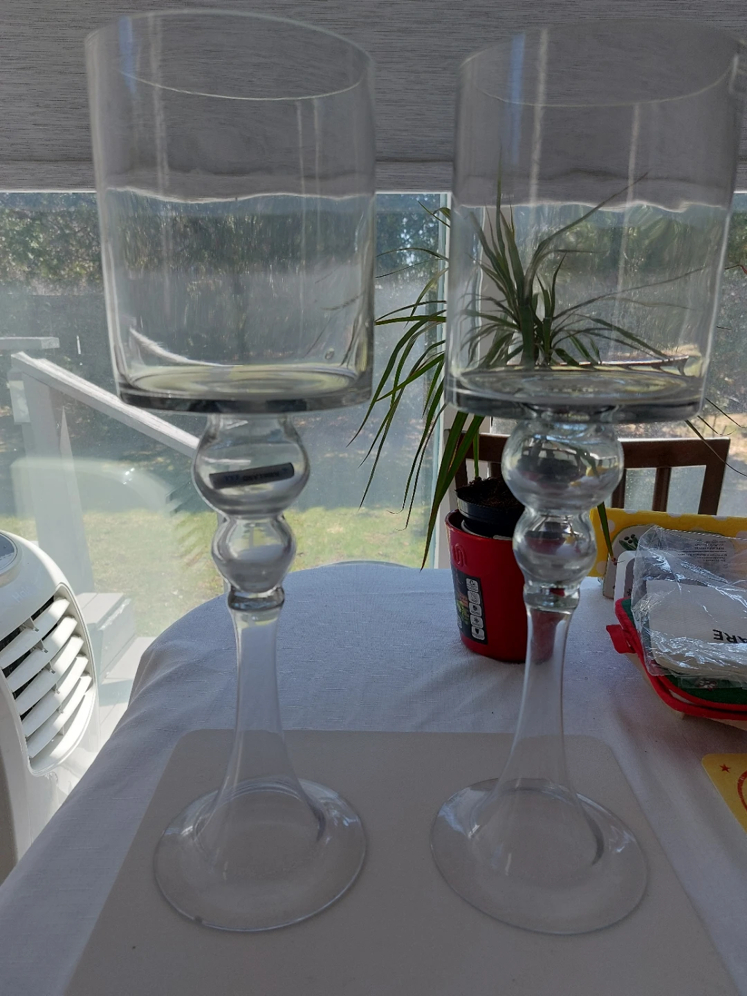 Pair of Clear Glass Trumpet Candle Holders - photo 3