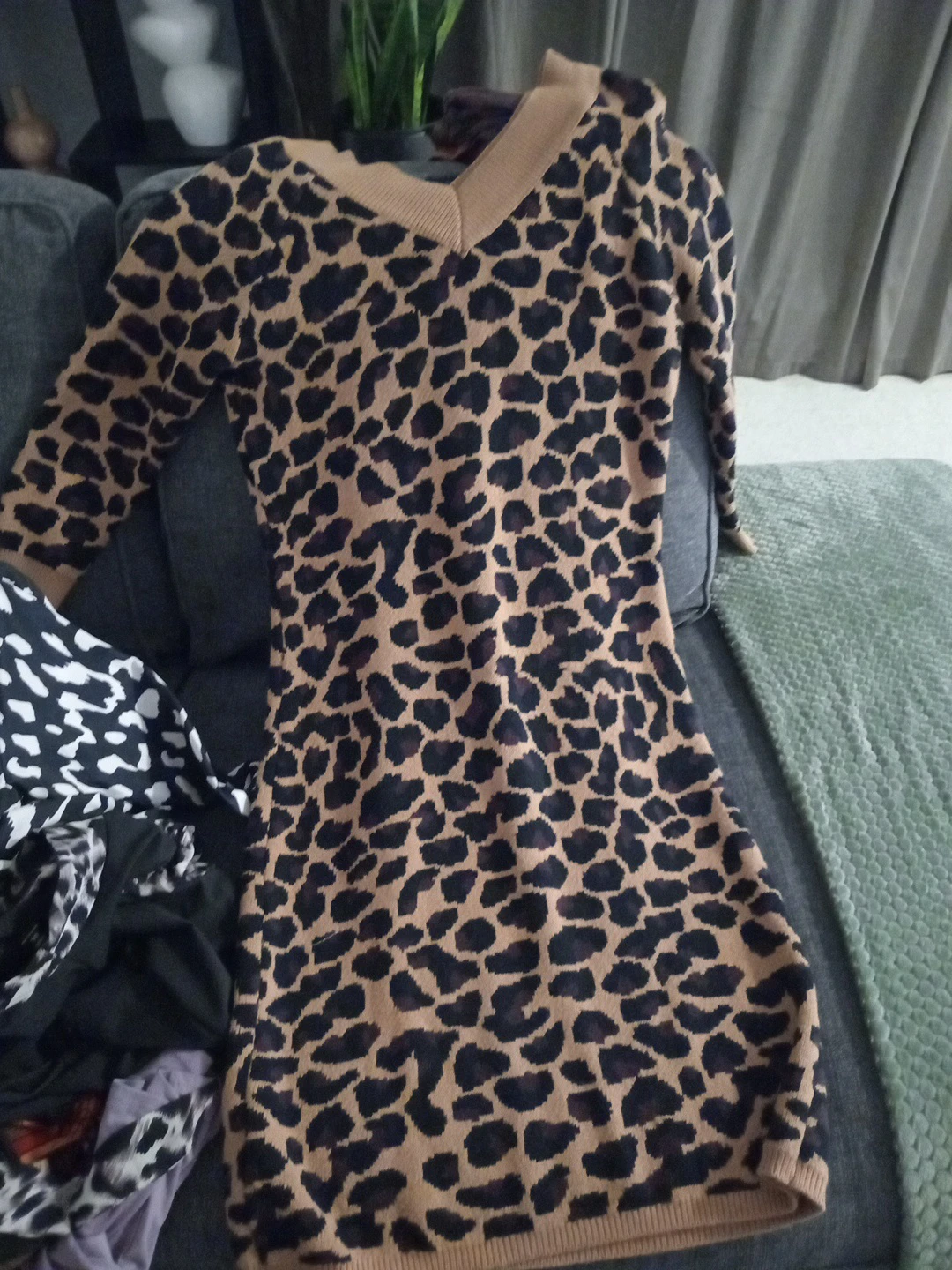 Leopard Print V-Neck Sweater Dress