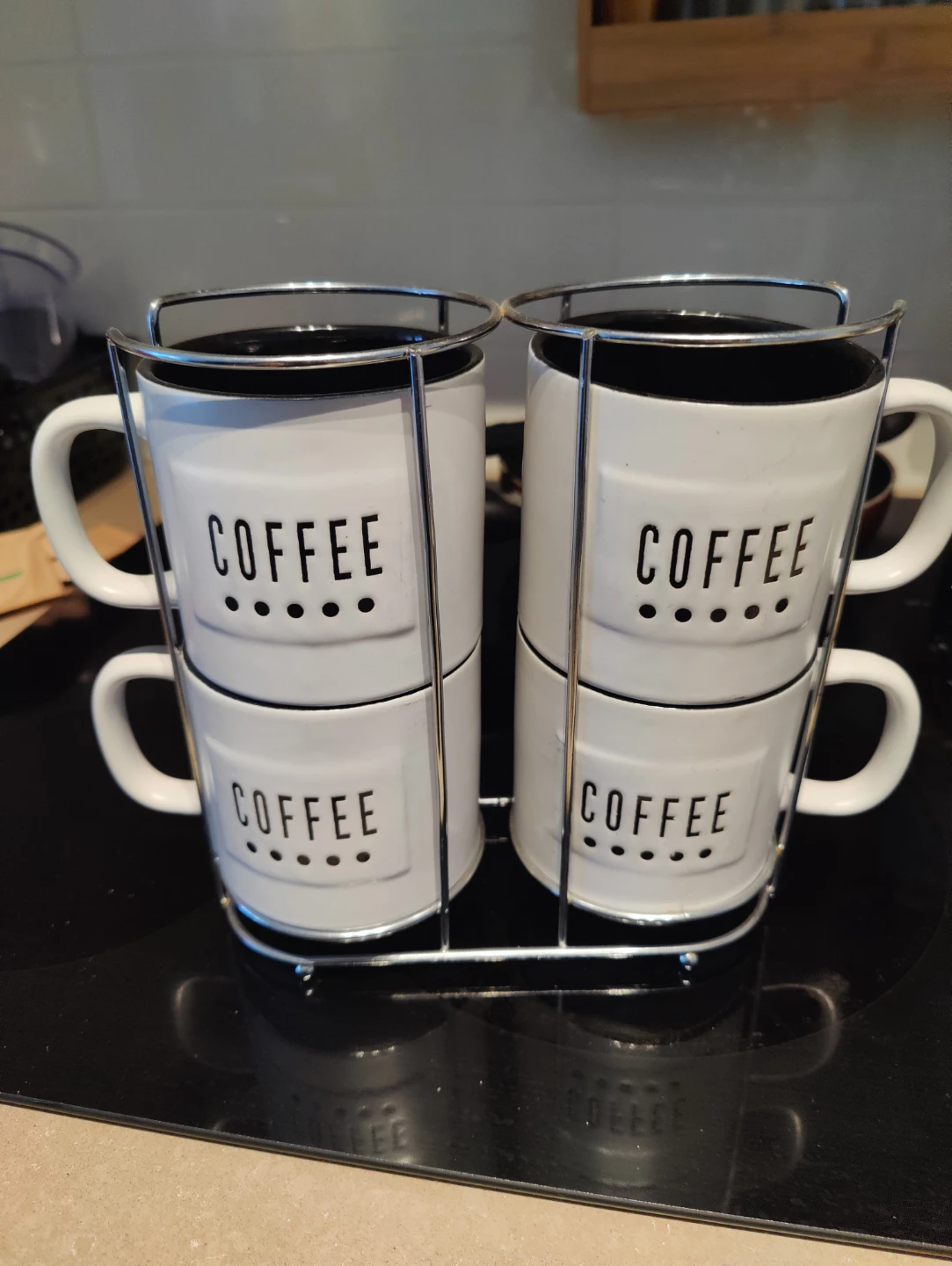 Set of 4 White "Coffee" Mugs with Rack - photo 3