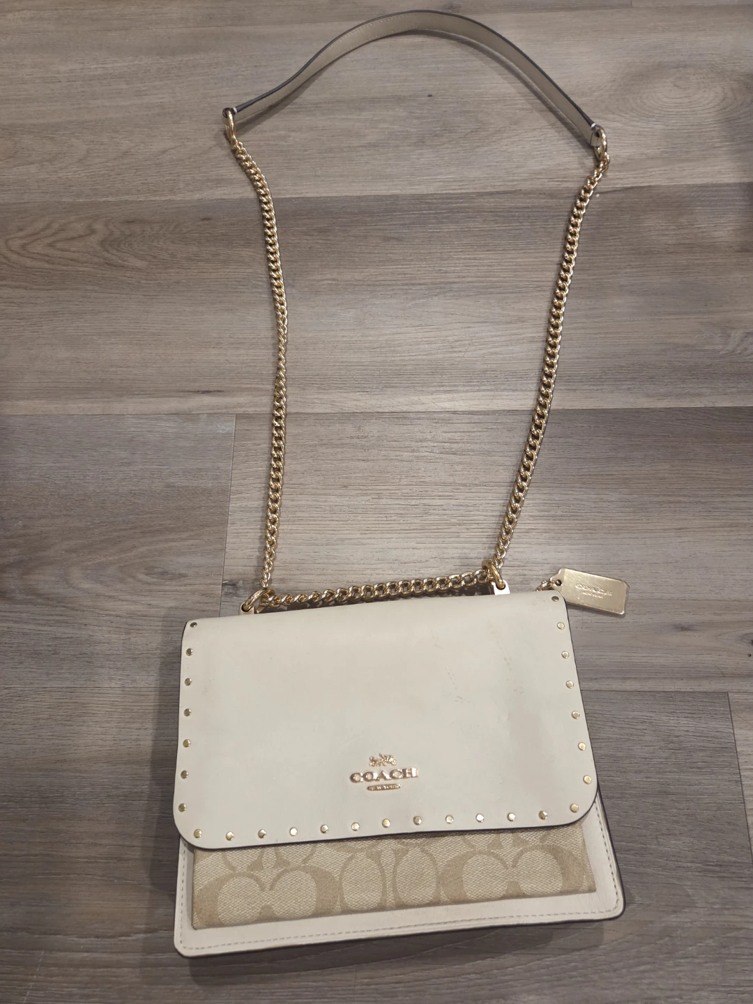 Coach Cream Leather Studded Chain Shoulder Bag