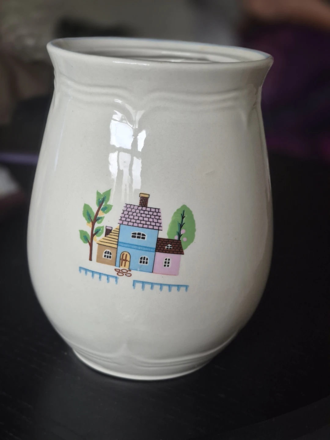 Cream Ceramic Pitcher with Village Scene