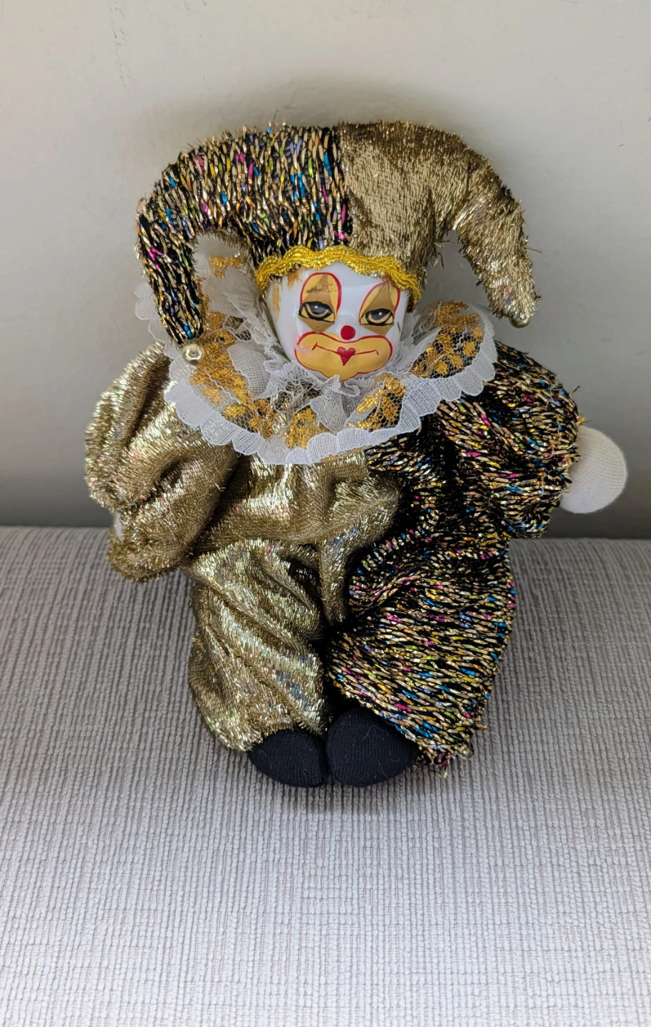 Vintage Porcelain Clown Doll in Gold Outfit