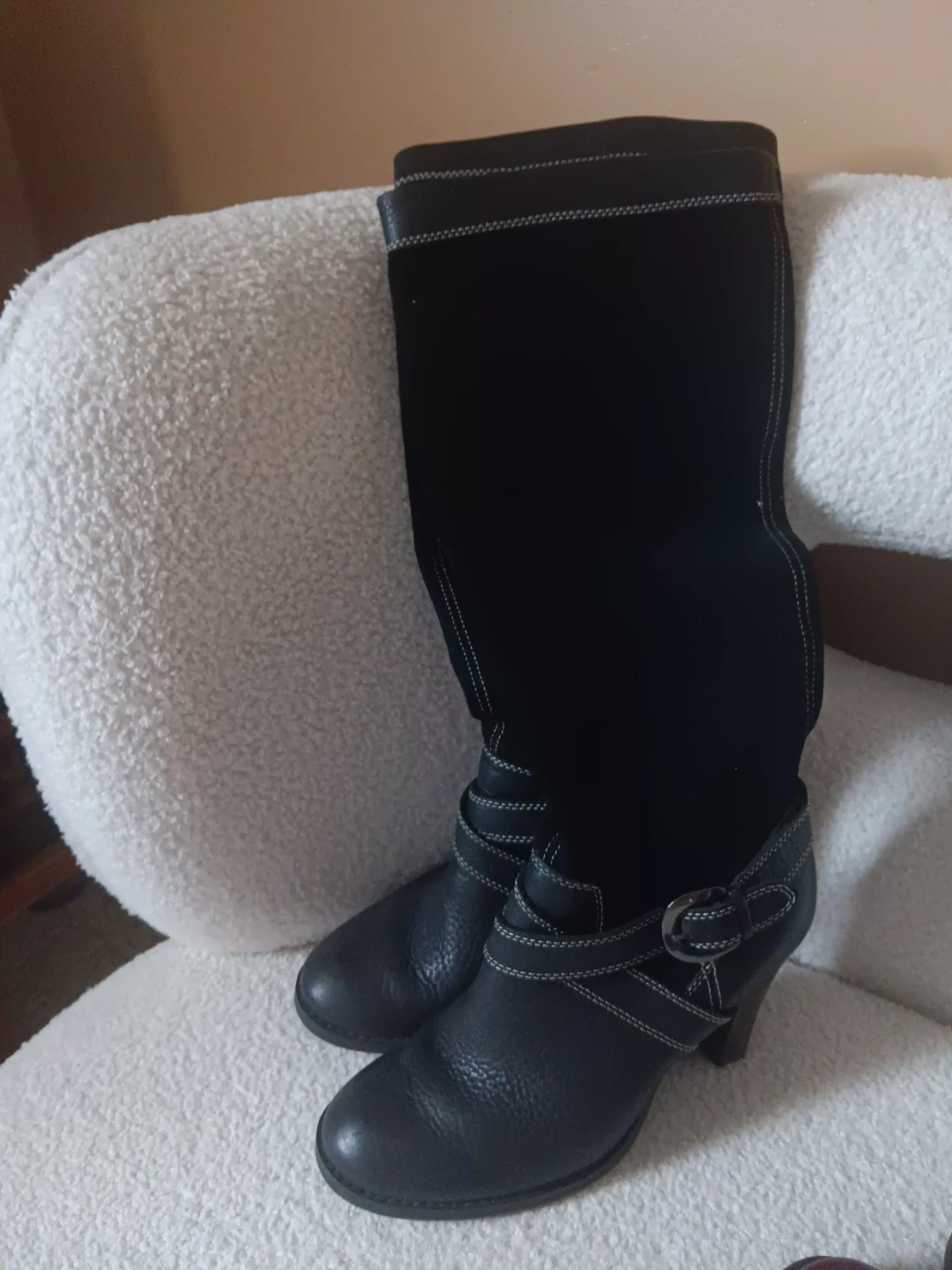 Black Knee-High Suede and Leather Boots with Buckle Detail