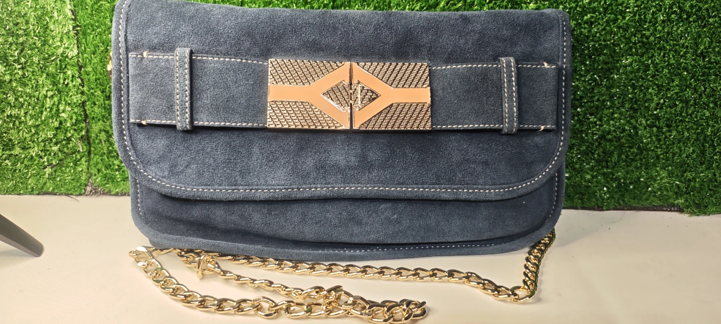SEVENTY blue suede crossbody purse with gold chain