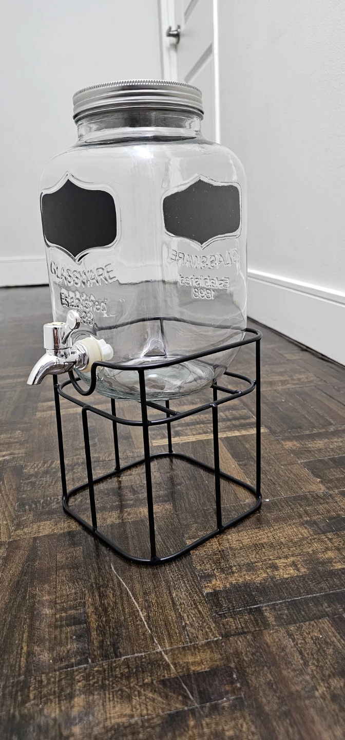 Glass Beverage Dispenser with Black Wire Stand