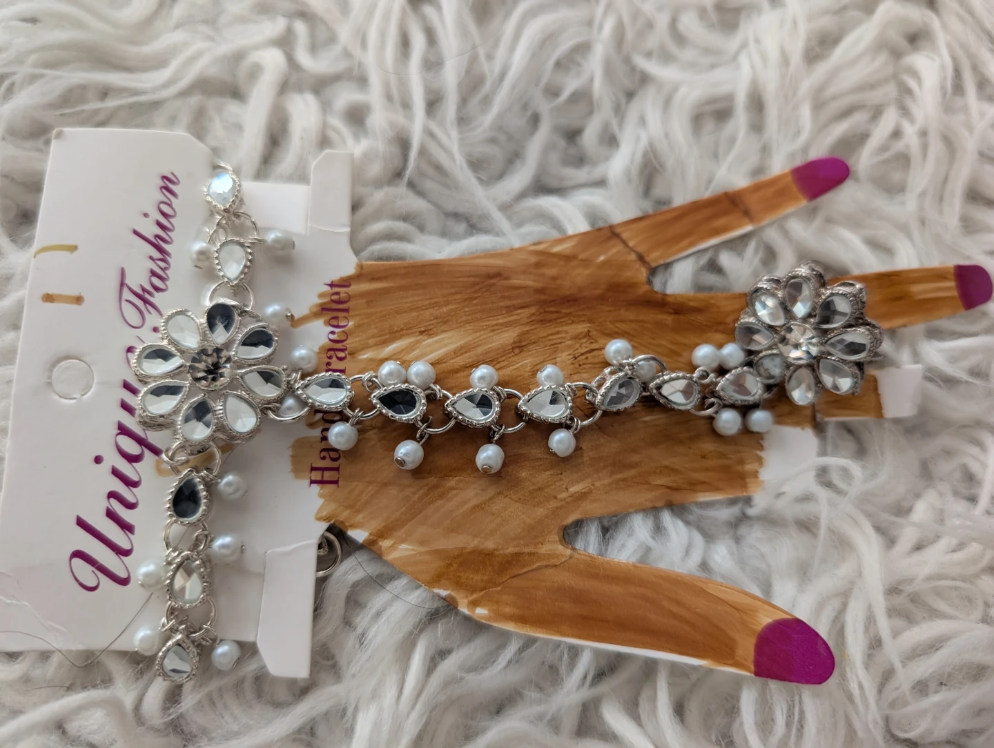 Silver Tone Hand Bracelet with Pearls