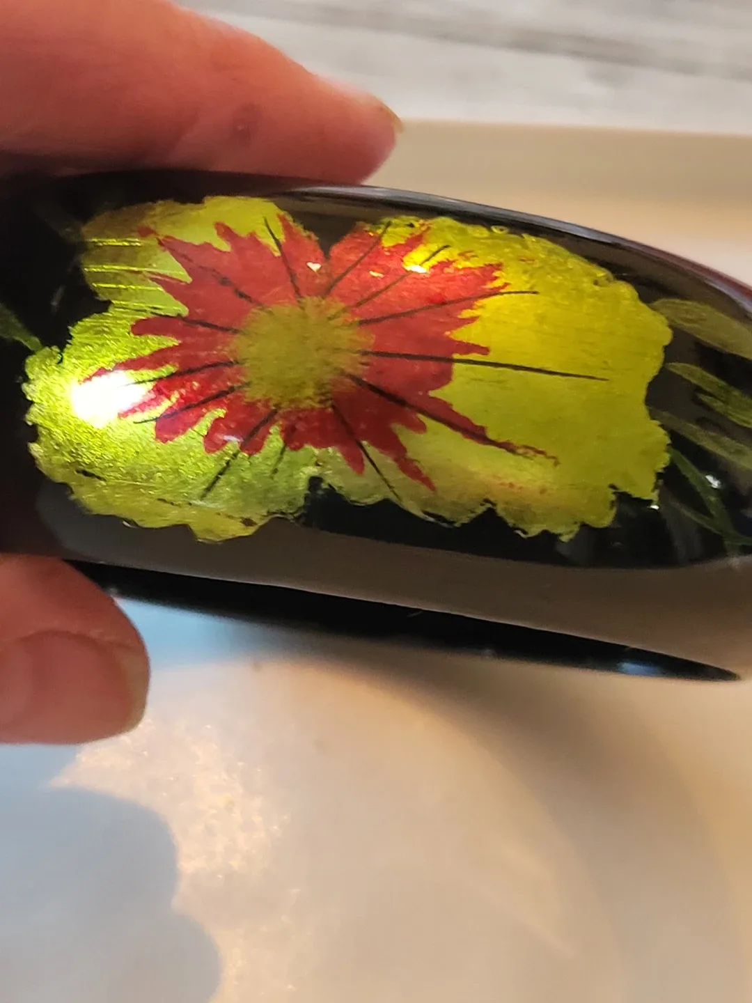 Vintage Black Lacquer Bangle Bracelet Floral Design