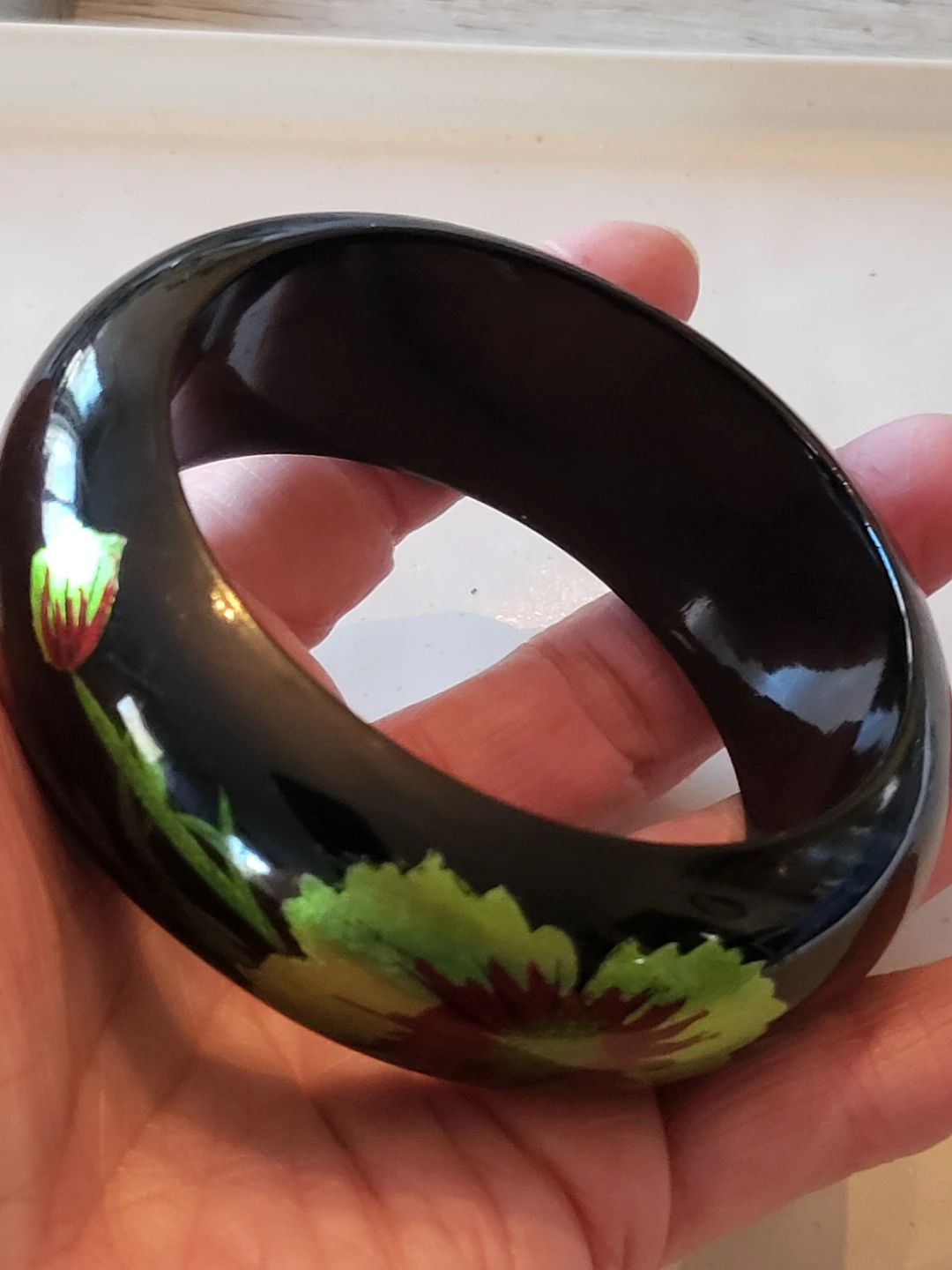 Vintage Black Lacquer Bangle Bracelet Floral Design - photo 2