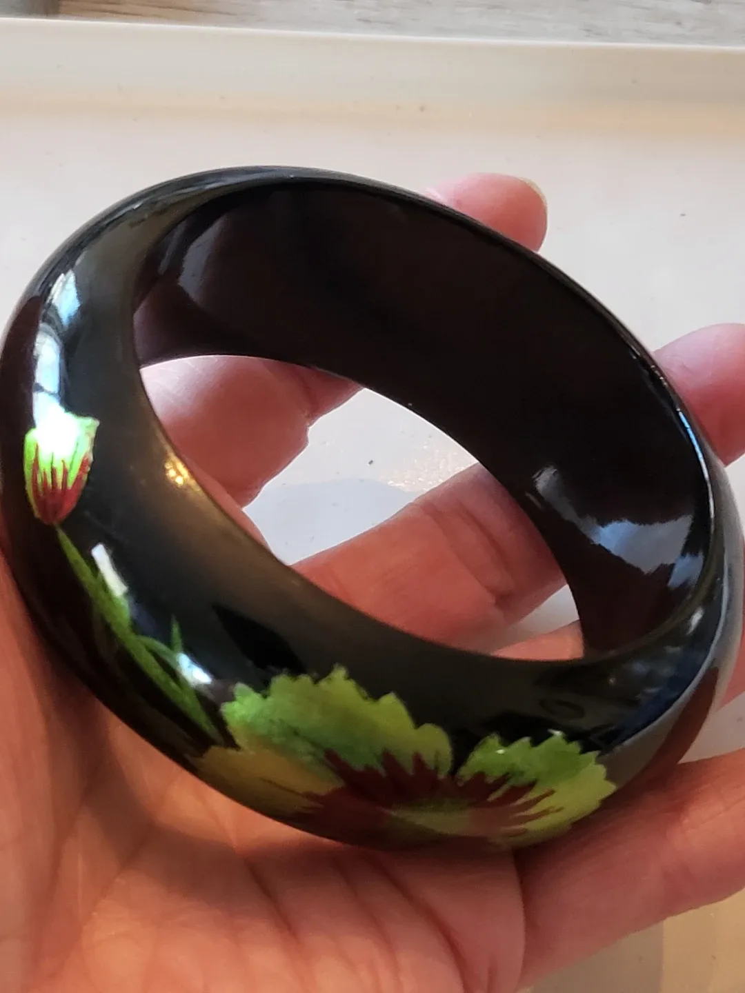 Vintage Black Lacquer Bangle Bracelet Floral Design - photo 2