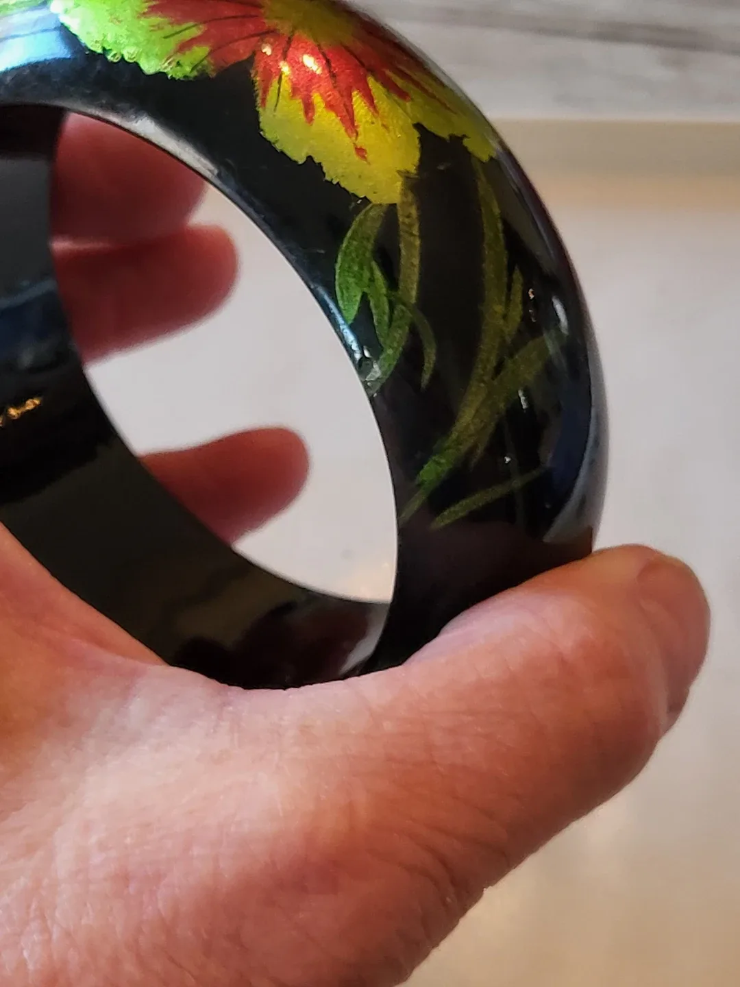 Vintage Black Lacquer Bangle Bracelet Floral Design - photo 5