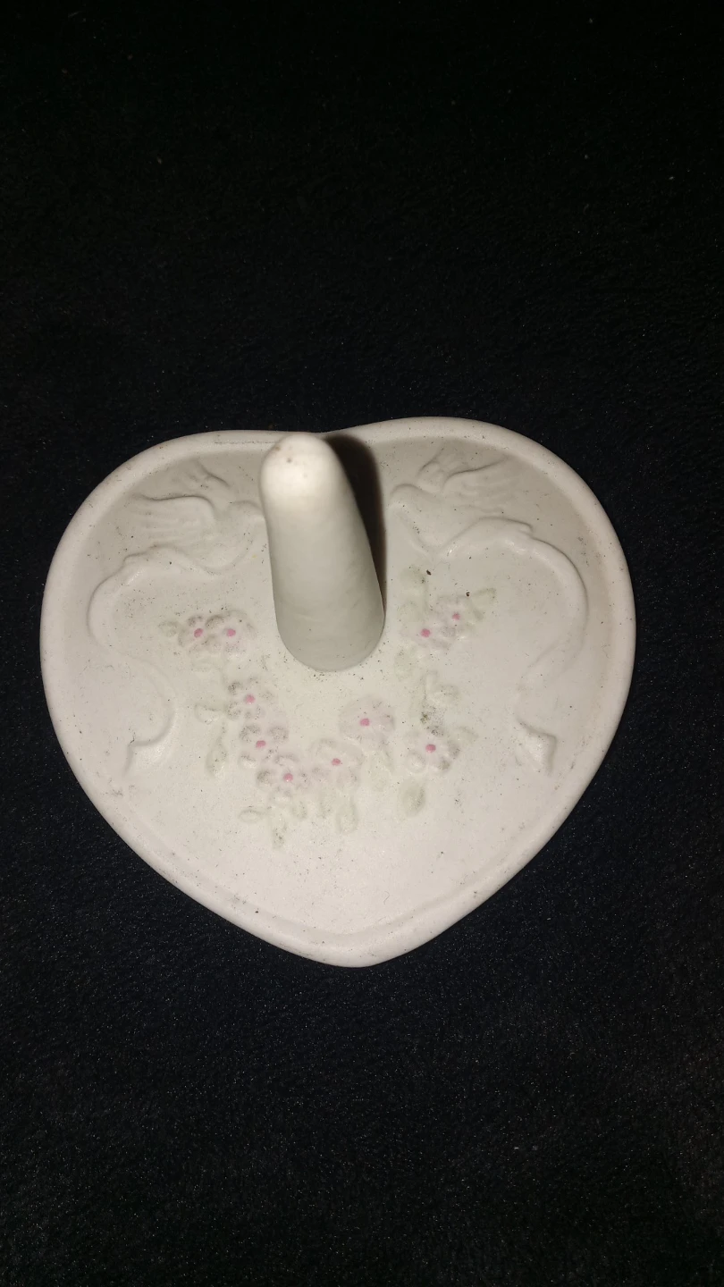 White Heart Shaped Ring Holder Dish with Pink Flowers