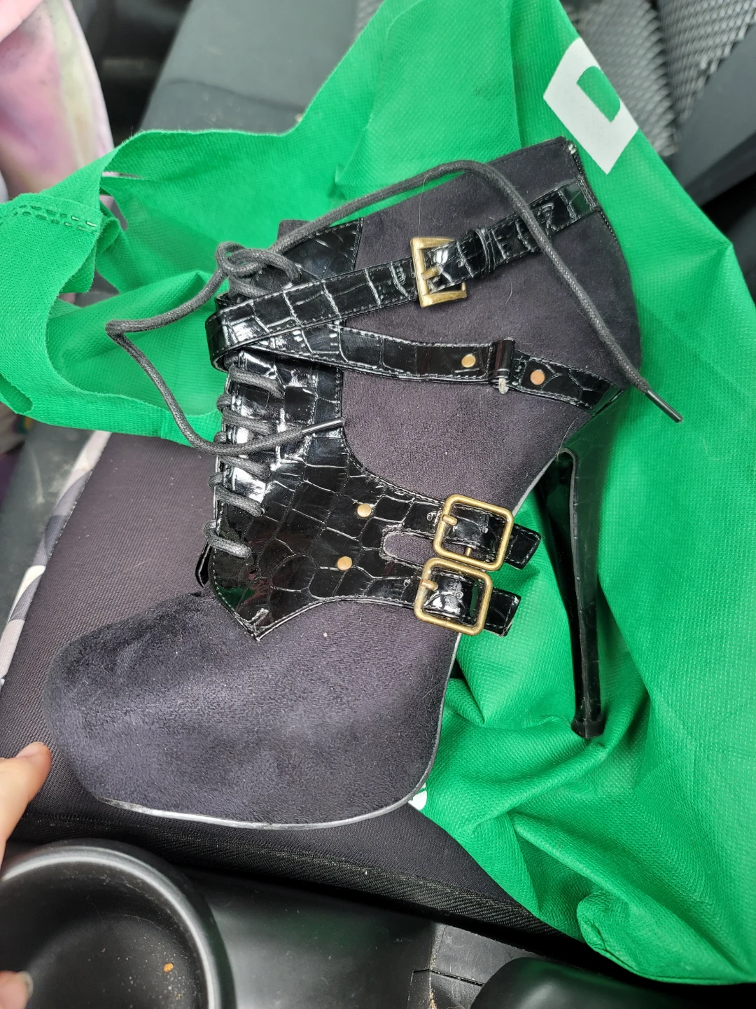 Black Lace-Up Stiletto Heels with Buckle Accents