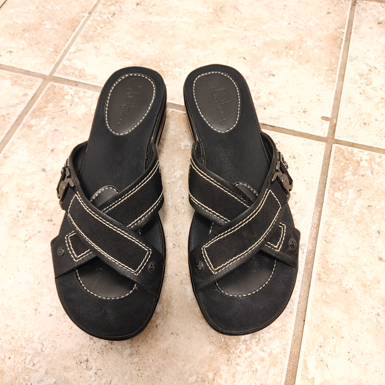 Women's Black Leather Wedge Sandals size 8.5 - photo 2