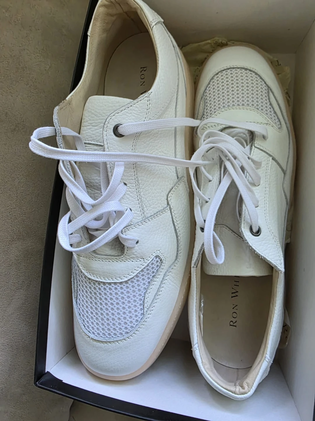 Ron White White Leather & Mesh Sneakers