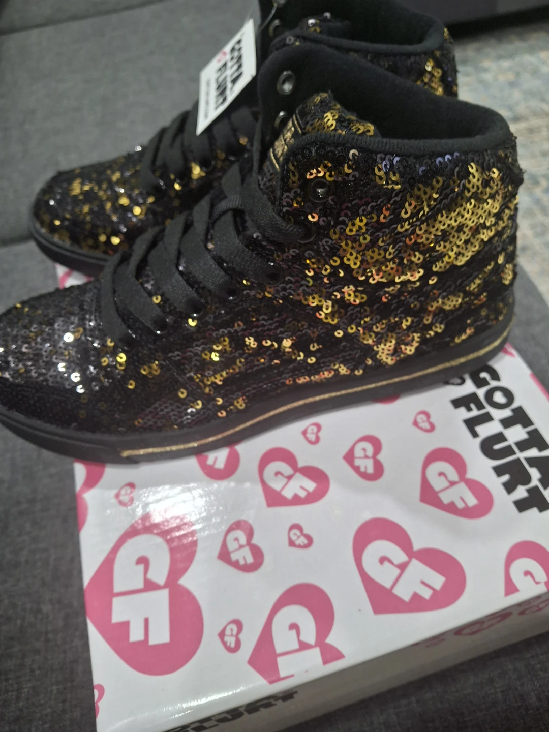 Gotta Flurt Black & Gold Sequin High Top Sneakers🌱