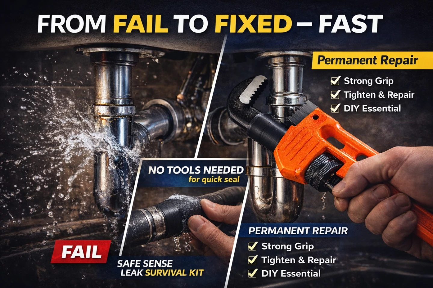 Leak Repair Kit PRO | 3× 10” Pipe Wrench + 6× Self Fusing Tape + - photo 4